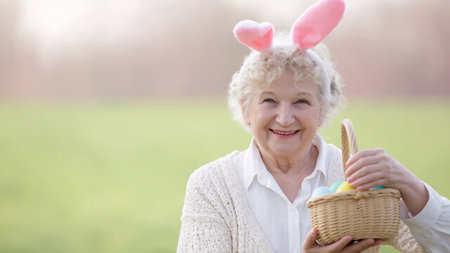 Smiling elderly woman with Slavic features and gray hair wearing bunny ears and holding a basket of colorful Easter eggs outdoors. Copy spaceの素材