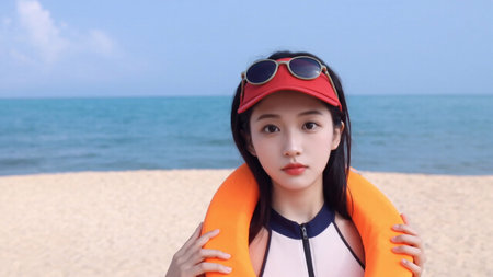 Asian woman in a swimsuit with a lifebuoy, standing on a sunny beach with waves in the background. For websites about summer activities, water rescue, coastal tourismの素材