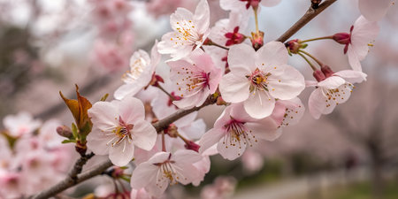 Vibrant pink cherry blossoms blooming against a clear blue sky, symbolizing the freshness and renewal of spring. Great for seasonal themes.の素材