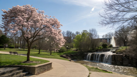 A peaceful spring landscape, waterfall flows through a lush park filled with pink cherry blossoms, refreshing atmosphere. For travel photography, relaxation content, scenic wallpapersの素材