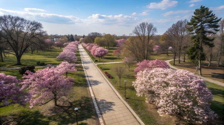 Spectacular overhead shot of a cherry blossom garden in peak bloom, enchanting floral pattern across the landscape. For marketing materials, calendars, spring-themed promotions.の素材