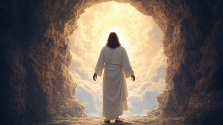 Jesus Christ walking through the gates of heaven, surrounded by divine light and glowing clouds. Symbol of salvation and eternal life.の写真素材