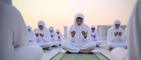 Group of believers raising their hands in dua prayer. Worship and connection to Allahの写真素材