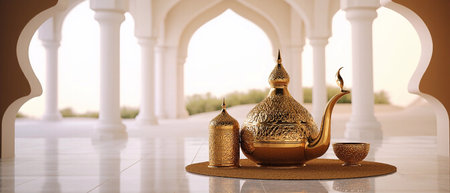 Crafted gold teapot with intricate designs, smaller container and a cup, all placed on a gold mat in...