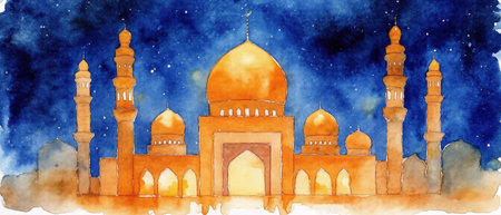 Watercolor illustration of Islamic architecture under a starry night sky. Ramadan celebration and spiritualityの写真素材