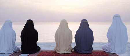Muslim community in cultural clothing performing Salah. Islamic faith and religious practiceの写真素材