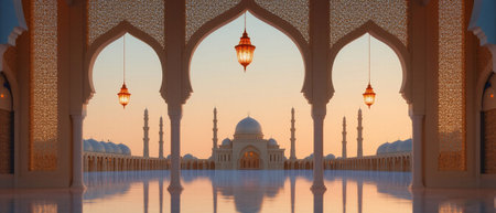 Magnificent mosque exterior with Ramadan decorations. Holy month of fasting and devotion