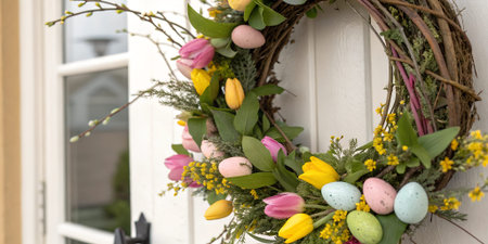 Floral Easter wreath with tulips, pastel eggs, and greenery hanging on a white door. Spring holiday...