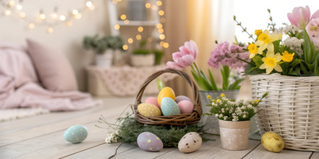 Cozy Easter composition with decorated eggs in a wicker basket, fresh flowers, and glowing fairy lights on a wooden table. Spring home decor conceptの写真素材