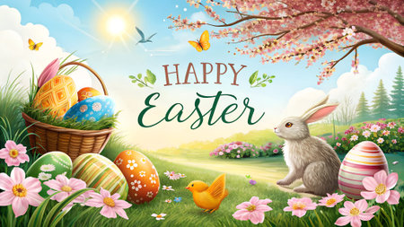 Illustration of an Easter scene with a rabbit, decorated eggs, flowers, and sunshine in a spring...
