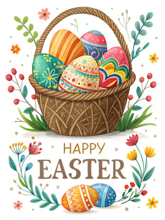 Detailed watercolor illustration of an Easter basket with colorful patterned eggs, surrounded by spring flowers and leaves. Festive holiday greeting card conceptの写真素材