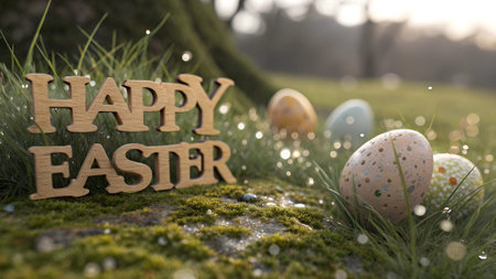 Wooden 'Happy Easter' sign on green grass with decorated eggs and morning sunlight. Easter holiday...