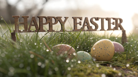 Rustic wooden 'Happy Easter' sign with colorful eggs on fresh grass, covered in morning dew. Easter holiday decorationの写真素材