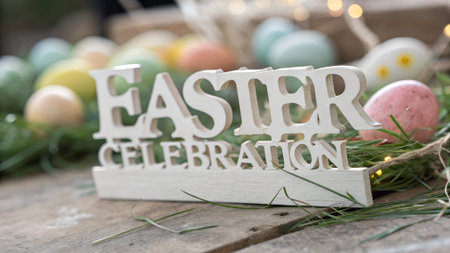 Wooden 'Easter Celebration' sign surrounded by colorful Easter eggs and green grass. Rustic festive...