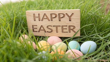 Wooden 'Happy Easter' sign with colorful eggs in green grass. Spring holiday decoration and greeting conceptの写真素材
