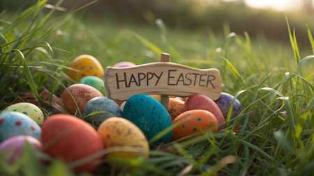 Rustic wooden 'Happy Easter' sign surrounded by colorful painted eggs in green grass. Spring holiday...