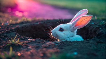 White rabbit looking out of a burrow at dusk with glowing pink and purple sunset light. Easter and nature conceptの写真素材