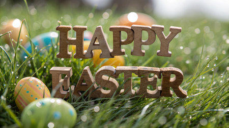 Rustic wooden 'Happy Easter' sign in fresh grass with colorful eggs and morning sunlight. Festive spring holiday greetingの写真素材