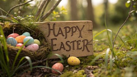 Wooden 'Happy Easter' sign with a nest full of colorful eggs on green moss in a forest setting. Rustic holiday greetingの写真素材