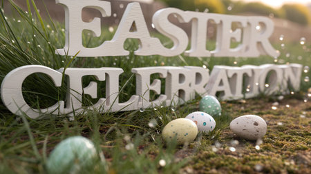 White 'Easter Celebration' sign with speckled eggs on grass covered in morning dew. Spring holiday decorationの写真素材