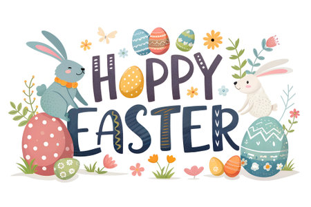 Whimsical Easter illustration with two bunnies, decorated eggs, flowers, and hand-drawn typography. Hoppy Easter greeting card designの写真素材