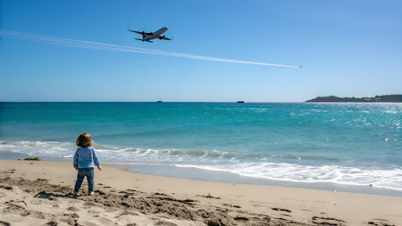 Young child on sandy beach, looking up at airplane soaring above, surrounded by vibrant turquoise...