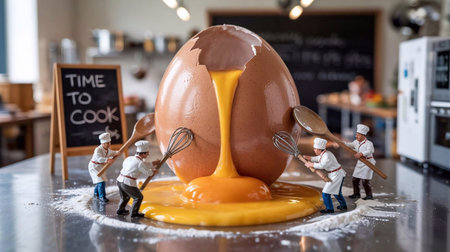 A large brown egg is cracked open, with yolk flowing out, while tiny chefs create a whimsical...