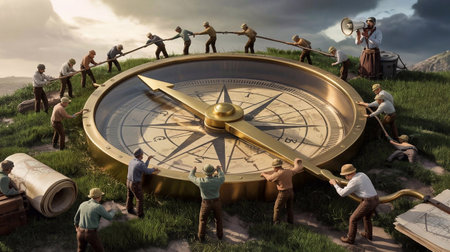 Workers are engaged in moving a large compass on a hillside, demonstrating collaboration and effort in a picturesque outdoor setting with dynamic skiesの写真素材