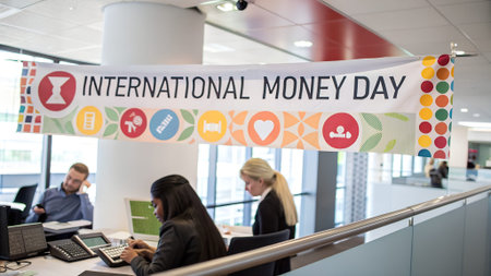 Celebration of International Money Day in a contemporary office space, with individuals participating in financial discussions and activities, highlighting teamwork and engagementの写真素材