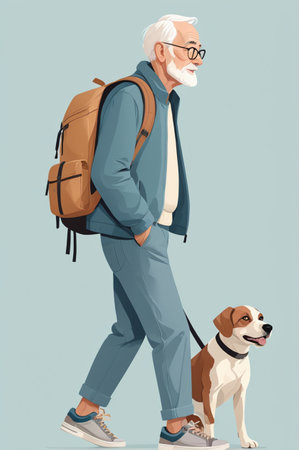 Elderly man with glasses, casually dressed, is walking a friendly dog in a lively urban setting, showcasing companionship and outdoor activityの写真素材