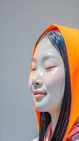 Female model with closed eyes, dressed in bright orange hood, exudes calmness and beauty in a minimalist environment, emphasizing serenity and eleganceの写真素材