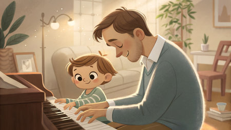 A father and son are engaged in a musical moment, playing piano in a warm, inviting living room filled with plants and soft lighting, fostering connection and joyの写真素材