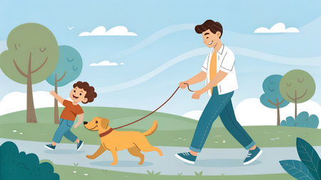 A joyful father and son are walking a cheerful dog along a scenic path in a park, with trees and a bright sky creating a lively atmosphereの写真素材