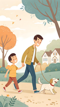 A father and son enjoy a walk in the park during fall, holding hands while a dog happily trots alongside them, surrounded by vibrant autumn foliageの写真素材