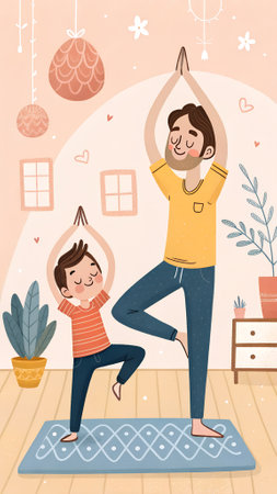 Father and son are engaged in yoga practice, demonstrating poses on a mat in a warm, inviting room filled with plants and cheerful decorの写真素材