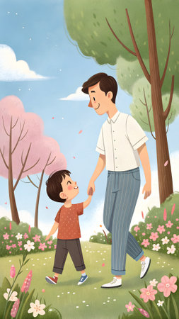 A father and son stroll together in a colorful park, surrounded by blooming flowers and lush greenery, capturing a moment of happiness and connection in natureの写真素材
