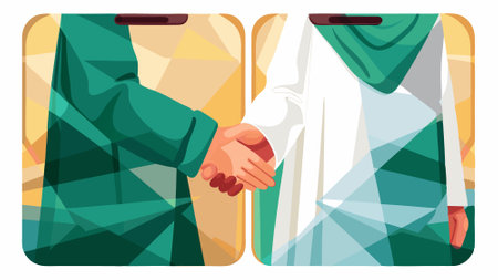 Geometric illustration depicting two hands shaking, one dressed in green and the other in white, representing unity and collaboration in a contemporary designのイラスト素材