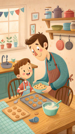A father and son are happily baking cookies in a bright kitchen, surrounded by utensils and ingredients, creating a delightful family momentの写真素材