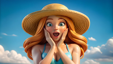 Young woman with long hair and straw hat shows excitement and surprise against a vibrant blue sky filled with fluffy clouds, radiating joy and positivityの写真素材