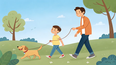 Father and son enjoy a walk with their dog in a sunny park, surrounded by lush greenery and blooming flowers, creating a cheerful outdoor atmosphereの写真素材