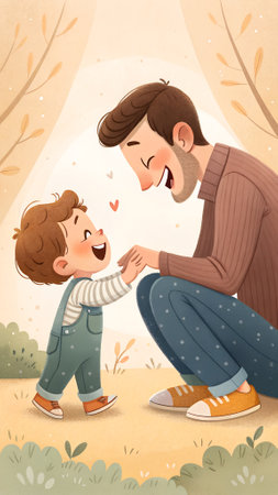 Charming illustration depicts a father and son enjoying a playful interaction in a serene outdoor setting, highlighting their joyful expressions and connectionの写真素材