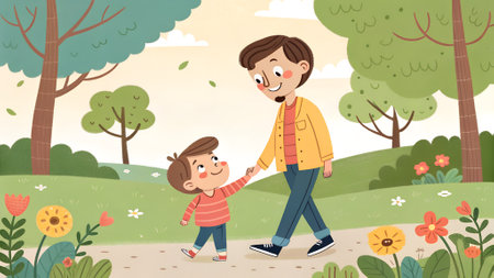A joyful father and son stroll together in a vibrant park, filled with flowers and greenery, creating a warm and playful outdoor experienceの写真素材