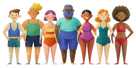 Vibrant illustration features a diverse group of individuals in swimwear, standing together with joyful expressions, celebrating body positivity and inclusivity in a summer atmosphereの写真素材