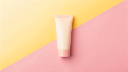 Cosmetic tube is centered on a bright pink and yellow background, highlighting its sleek design and colors, perfect for beauty and skincare promotionsの写真素材