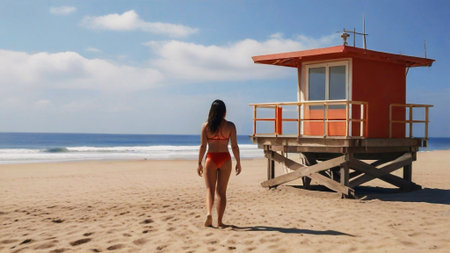 Female figure in red swimsuit strolls on sandy beach, approaching lifeguard tower, with ocean waves and distant beachgoers creating a tranquil seaside sceneの写真素材