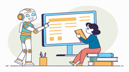 Engaging robot interacts with a person reading a book, showcasing a computer screen filled with information, creating a vibrant educational atmosphereのイラスト素材
