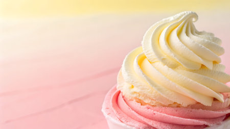 Creamy ice cream swirl in pink and white, served in a cup, set against a soft pastel background, creating a delightful and inviting atmosphereの写真素材