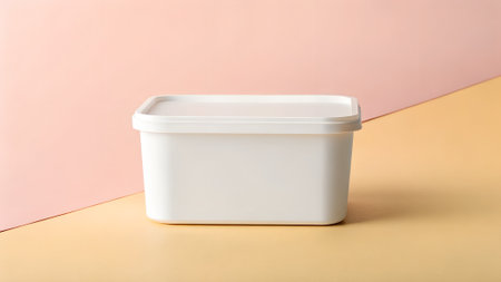 Rectangular white container with a lid is positioned on a pastel background, highlighting its sleek design and functionality for storage and organization needsの写真素材