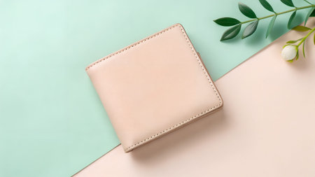 Stylish leather wallet displayed on a soft pastel background, highlighting its sleek design and...