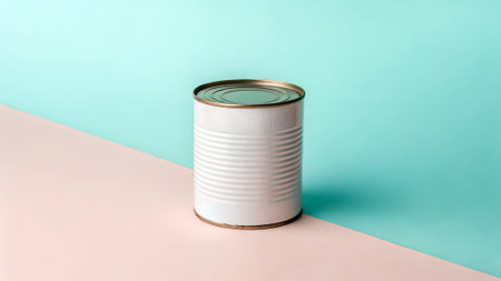 Tin can with a gold lid is positioned on a pastel pink and blue background, highlighting its sleek...